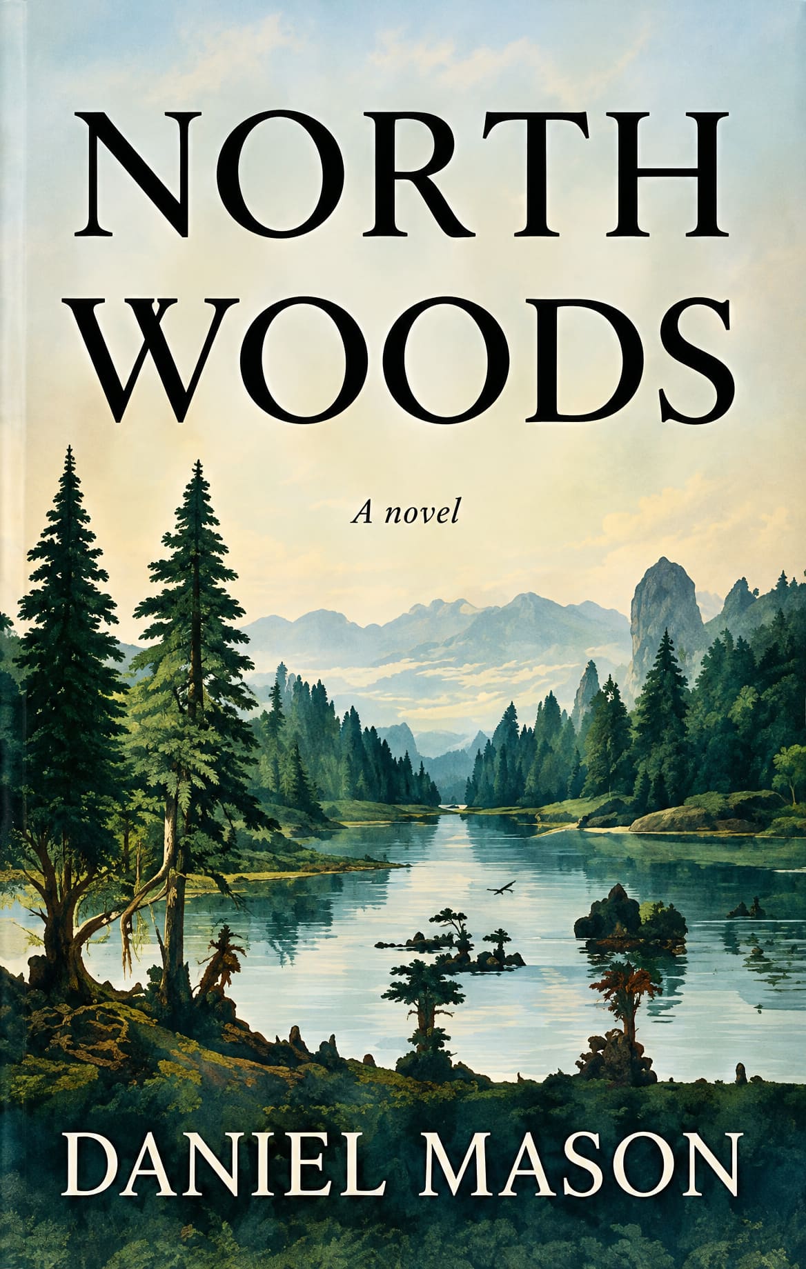 Cover of North Woods by Daniel Mason, a painted forest and lake under a pale sky