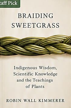 Cover of Braiding Sweetgrass by Robin Wall Kimmerer, a braid of sweetgrass on a cream cover