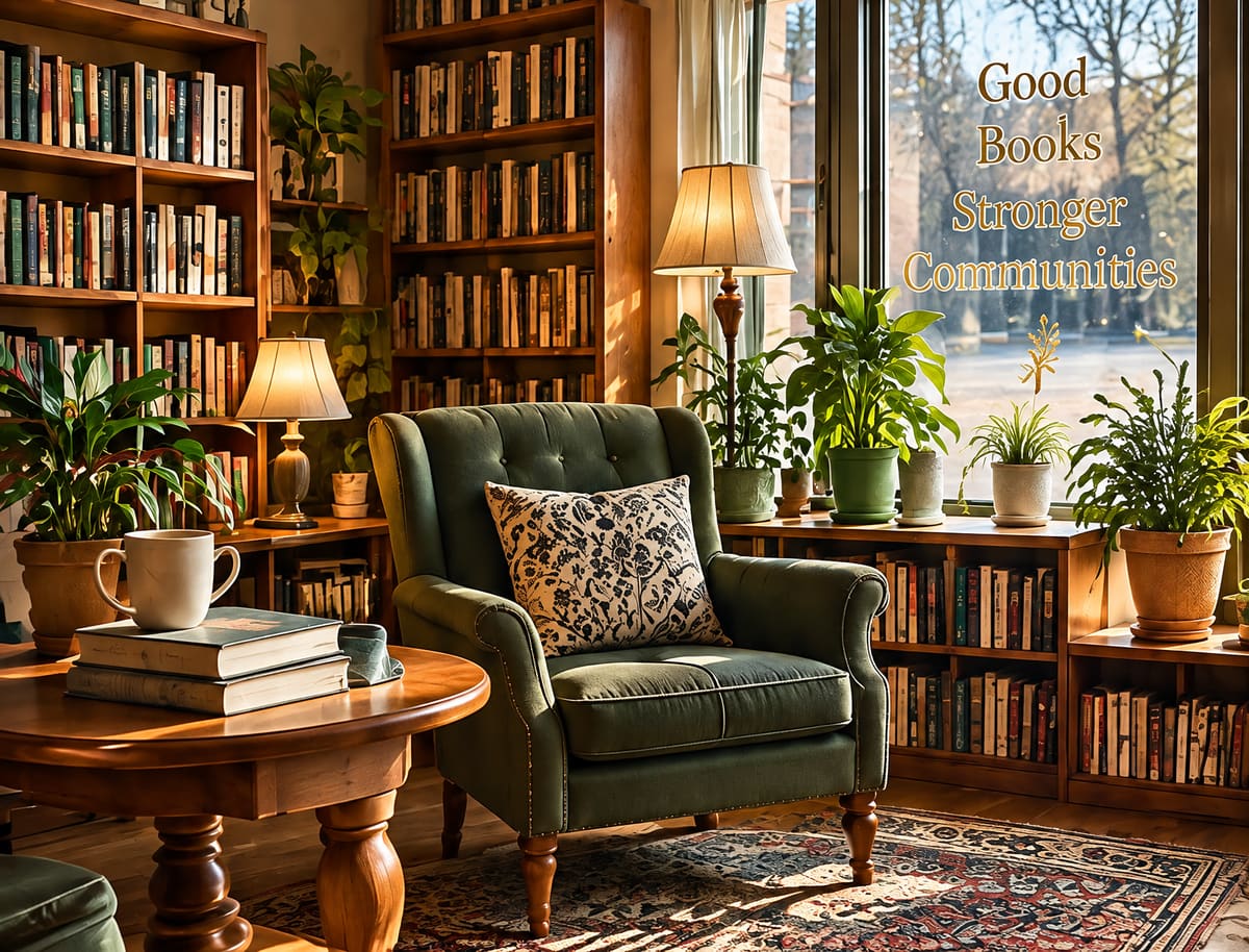 Inside the shop: a green tufted armchair beside a round wooden table with a mug and books, tall wooden bookshelves, plants and warm lamps by a sunny window
