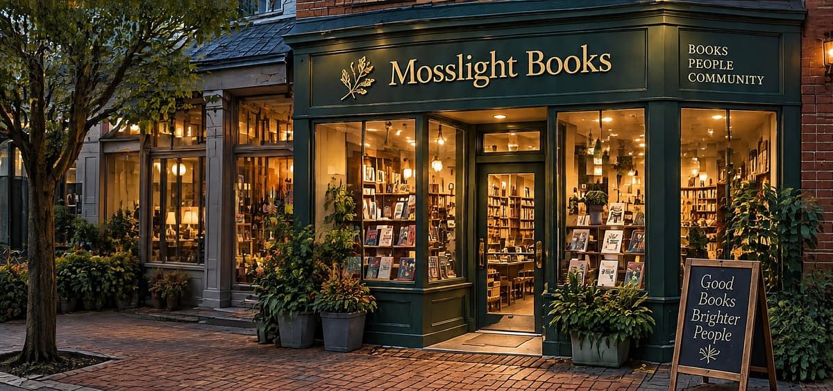 The Mosslight Books storefront at dusk, its green-painted woodwork and gold lettering lit up, tall windows glowing with shelves of books, plants by the door and a chalkboard sign on the brick sidewalk
