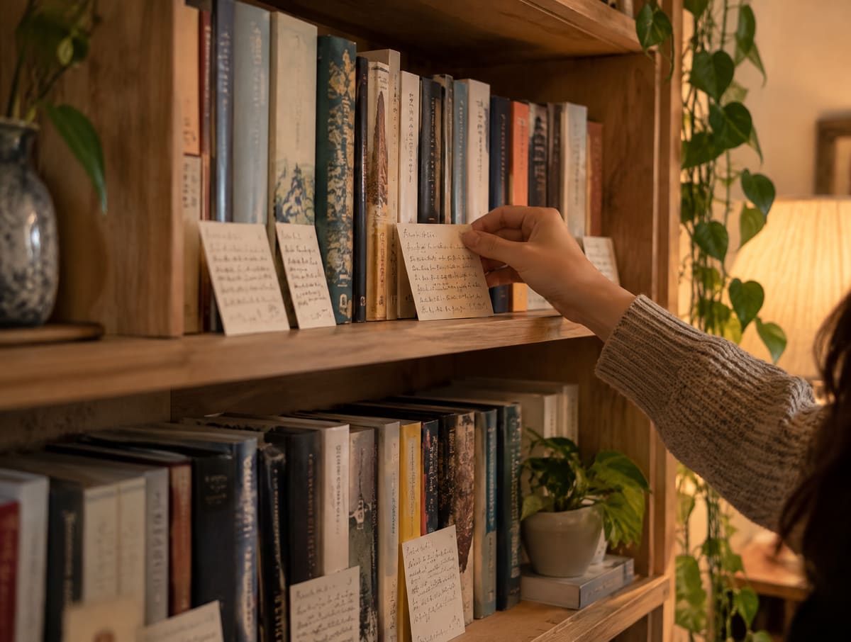 A wooden bookshelf with small handwritten recommendation cards tucked in front of the books, lit by warm lamp light